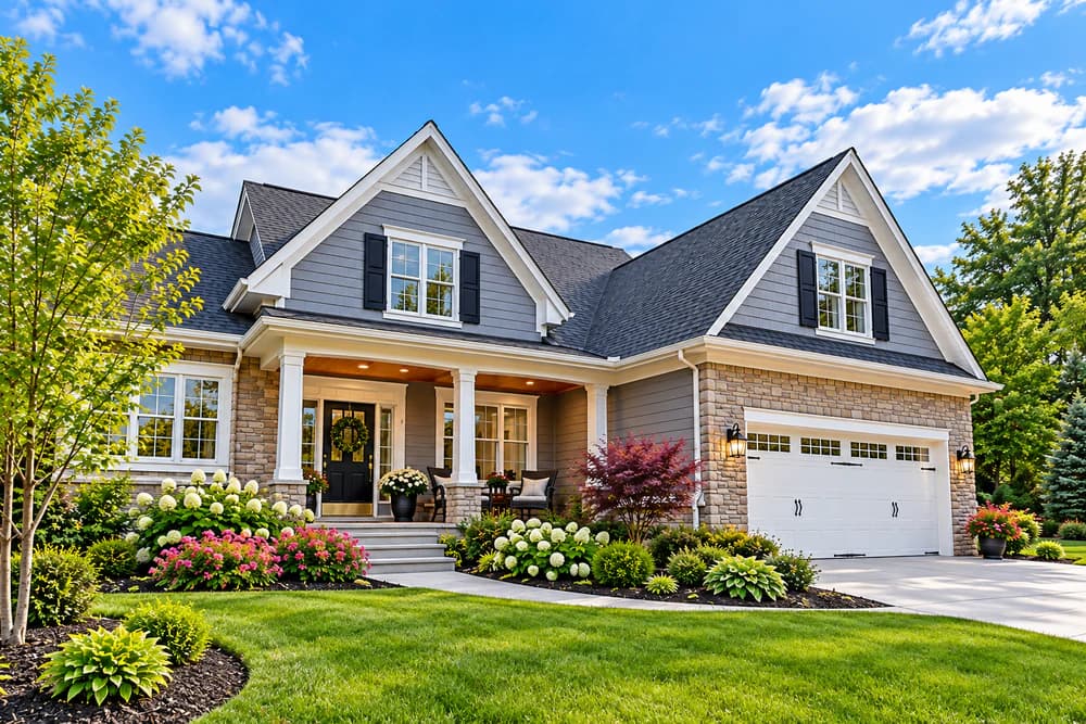Gray home with a covered front porch, stone accents, attached garage, and landscaped yard