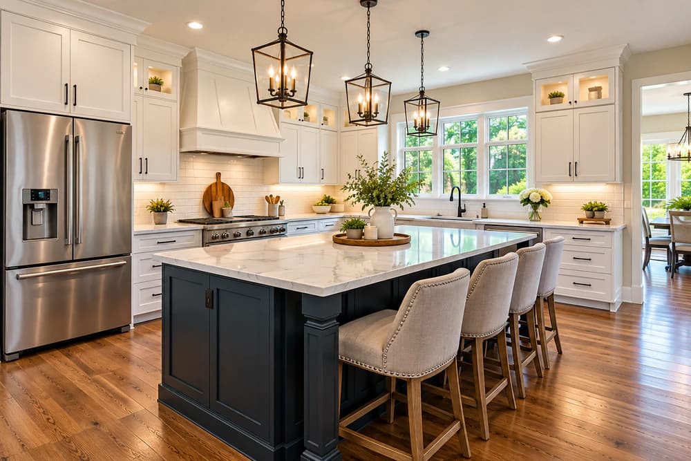 Farmhouse kitchen with white cabinets, a navy island with a marble countertop, and lantern pendant lights