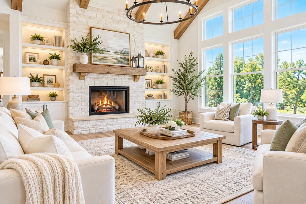 Bright farmhouse living room with a stone fireplace, wood beams, and tall windows