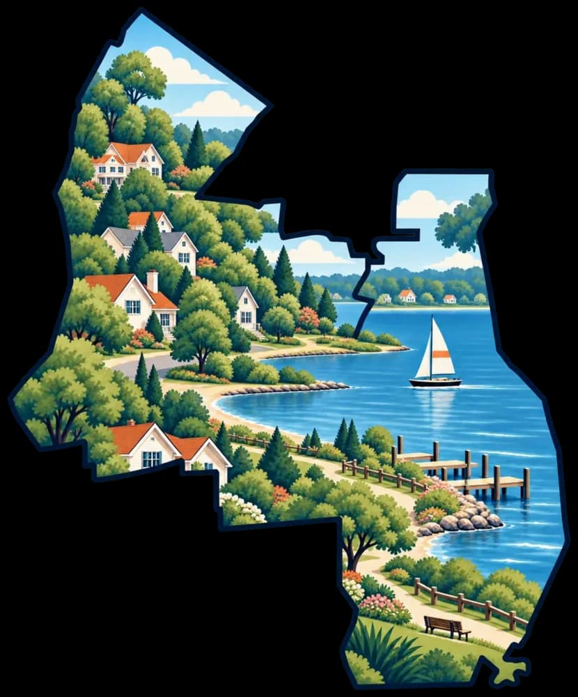 Illustrated outline of Irondequoit with hillside homes among trees, a sailboat on the bay, and a waterfront path with docks and a bench
