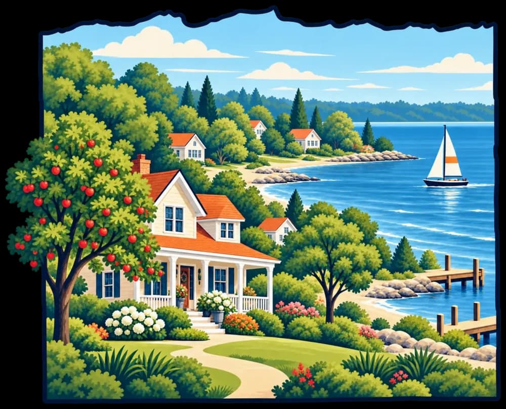 Illustrated outline of Ontario with a porch-front home, an apple tree, and a sailboat and docks on Lake Ontario