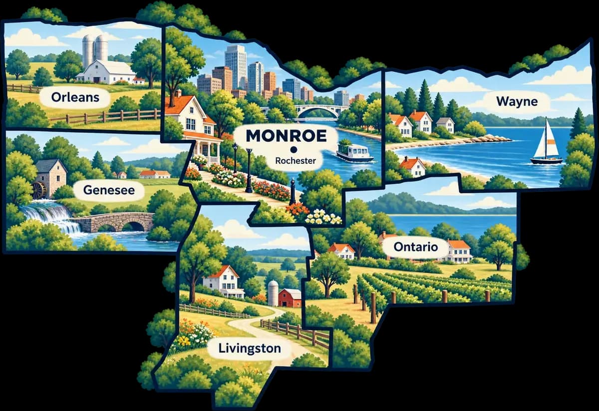 Illustrated map of Monroe County and the neighboring Orleans, Genesee, Livingston, Ontario, and Wayne counties, with Rochester at the center