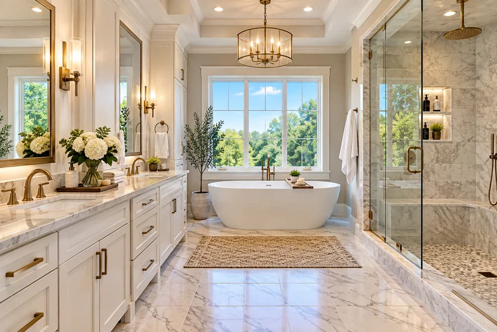 Spa-style bathroom with a freestanding tub, marble double vanity, and glass walk-in shower