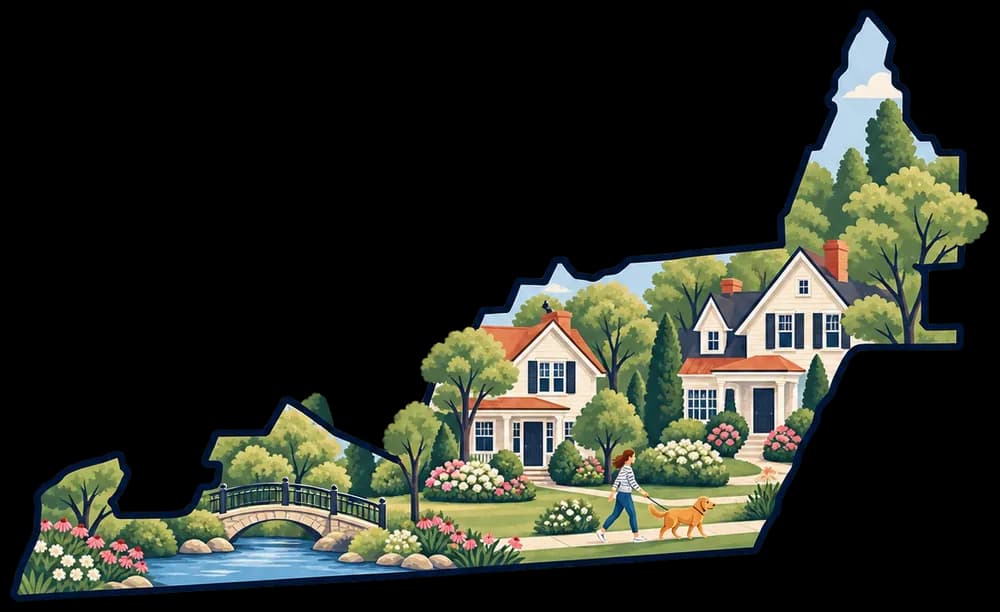 Illustrated outline of Brighton with traditional homes, a footbridge over a creek, and a neighbor walking a dog