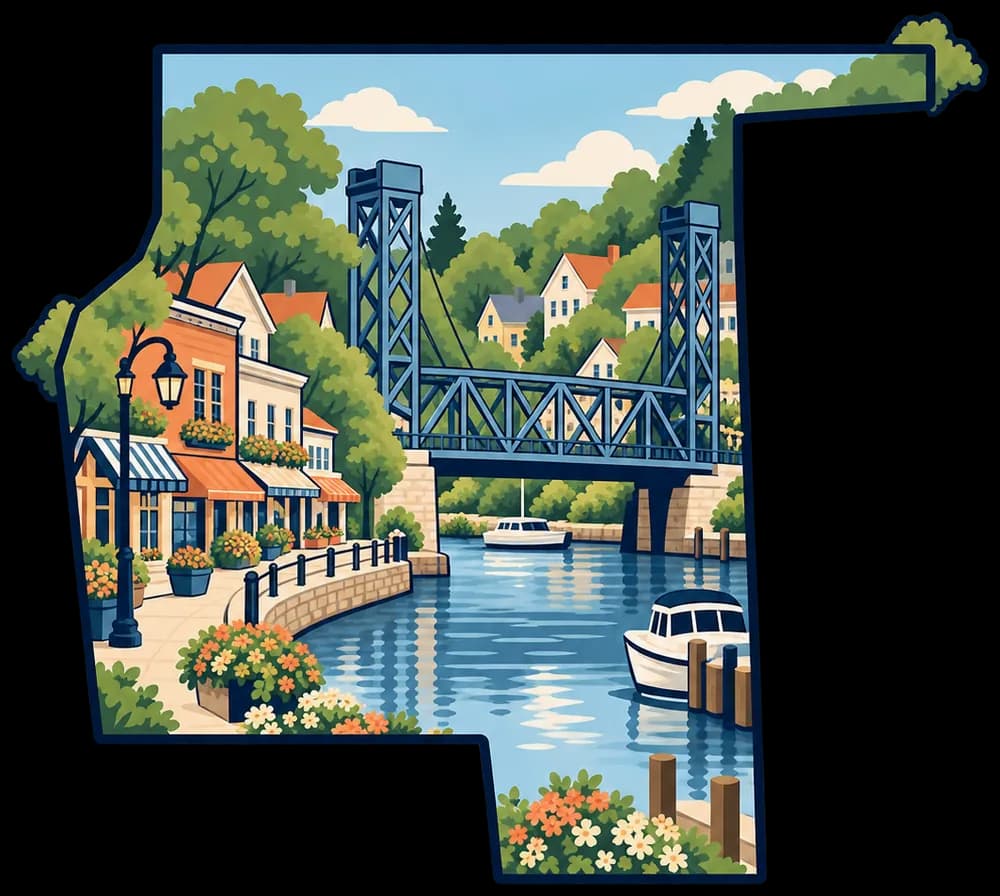 Illustrated outline of Fairport with the lift bridge, village storefronts, and the Erie Canal