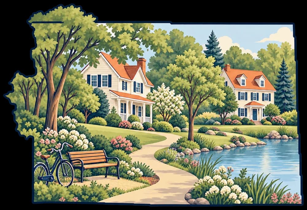 Illustrated outline of Penfield with colonial homes, shade trees, and a park path beside a pond