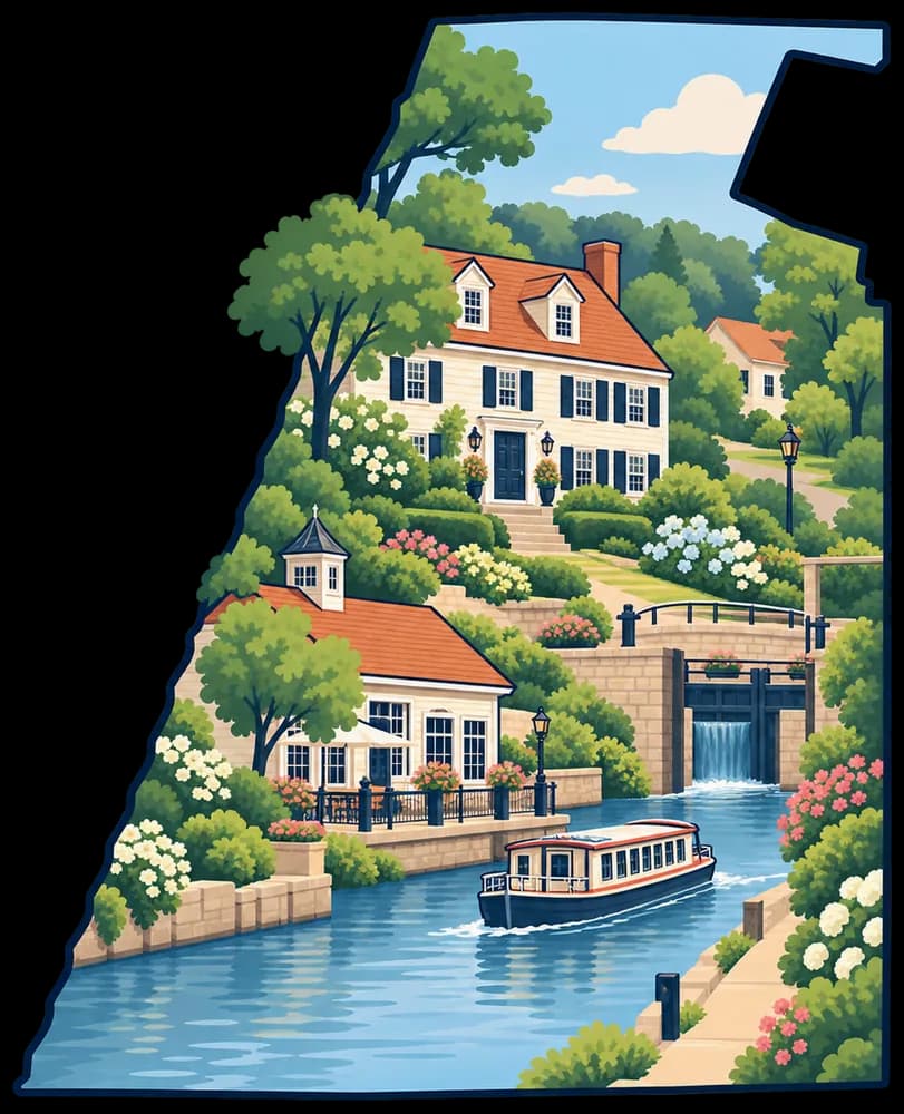 Illustrated outline of Pittsford with colonial homes, a canal lock, and a boat on the Erie Canal