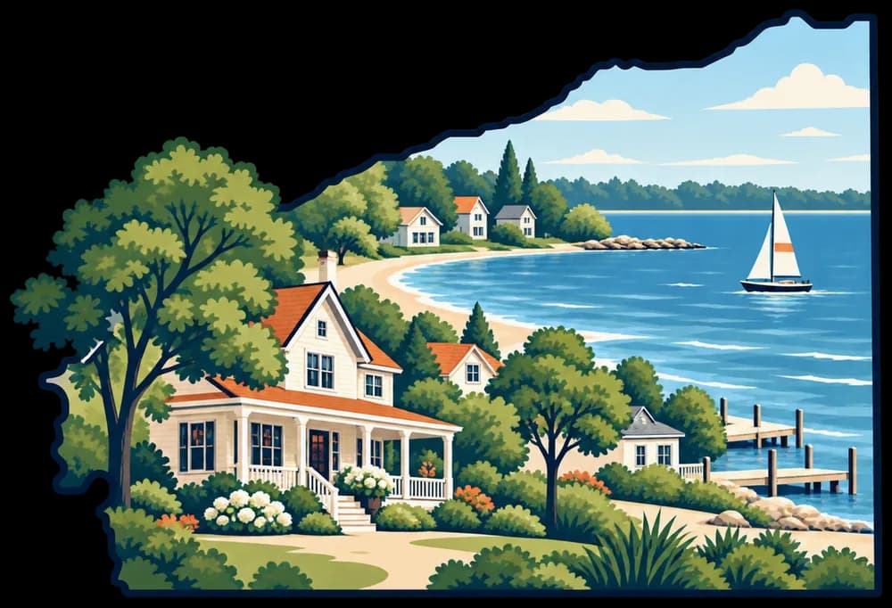 Illustrated outline of Webster with a lakeside home, beach, and sailboat on Lake Ontario